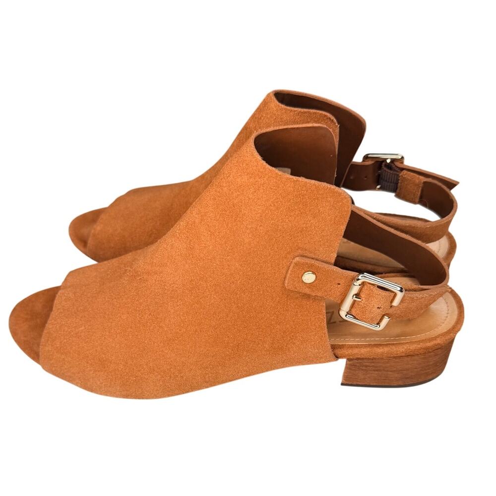 Schutz Velina Suede Peep Toe Booties Slingback Block Heel Sandals Cognac Tan 10B
